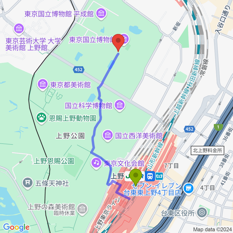 上野駅から東京国立博物館・本館へのルートマップ地図