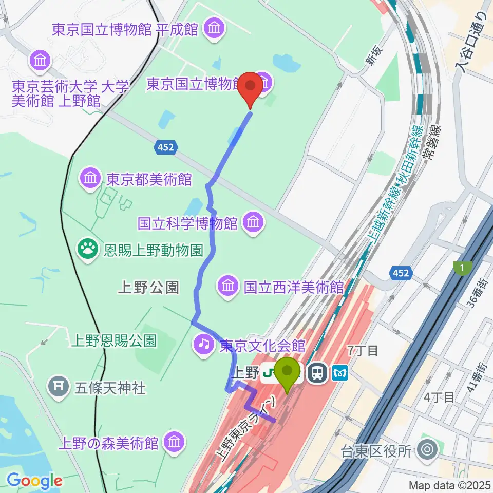 上野駅から東京国立博物館・本館へのルートマップ地図