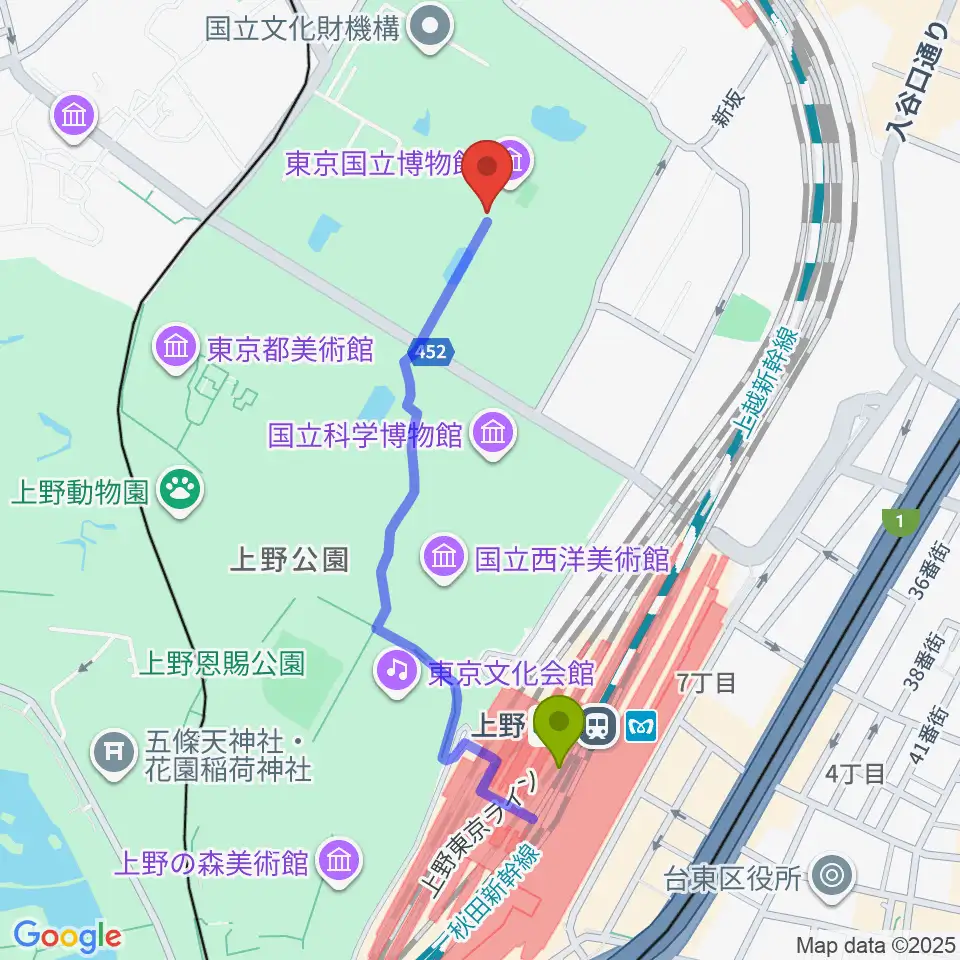 上野駅から東京国立博物館・本館へのルートマップ地図