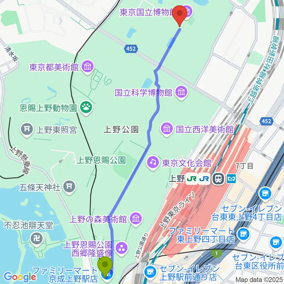 京成上野駅から東京国立博物館・本館へのルートマップ地図