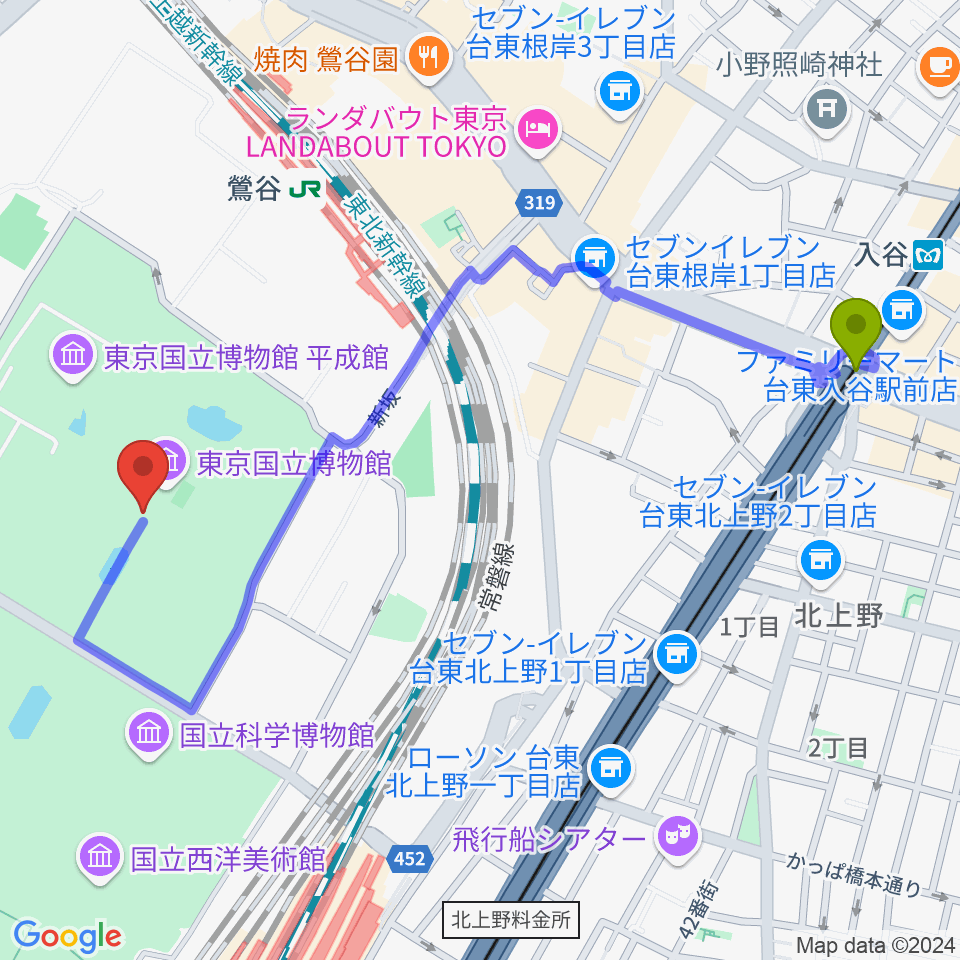 入谷駅から東京国立博物館・本館へのルートマップ地図