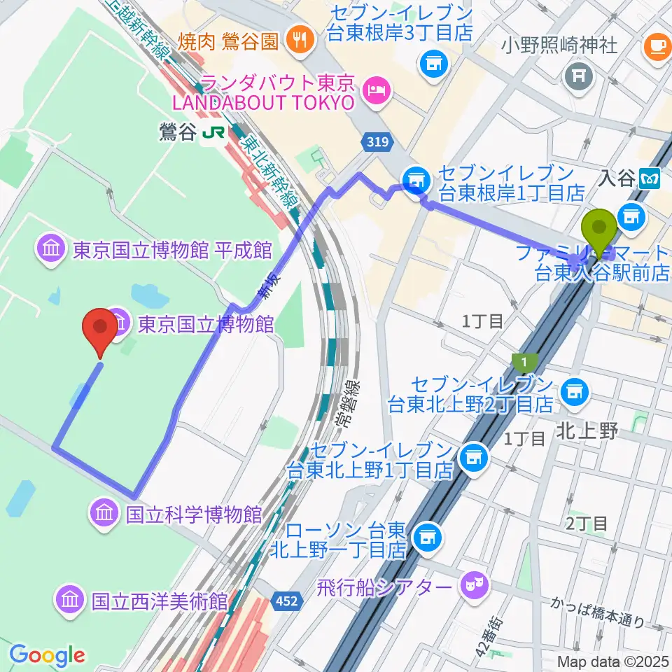 入谷駅から東京国立博物館・本館へのルートマップ地図