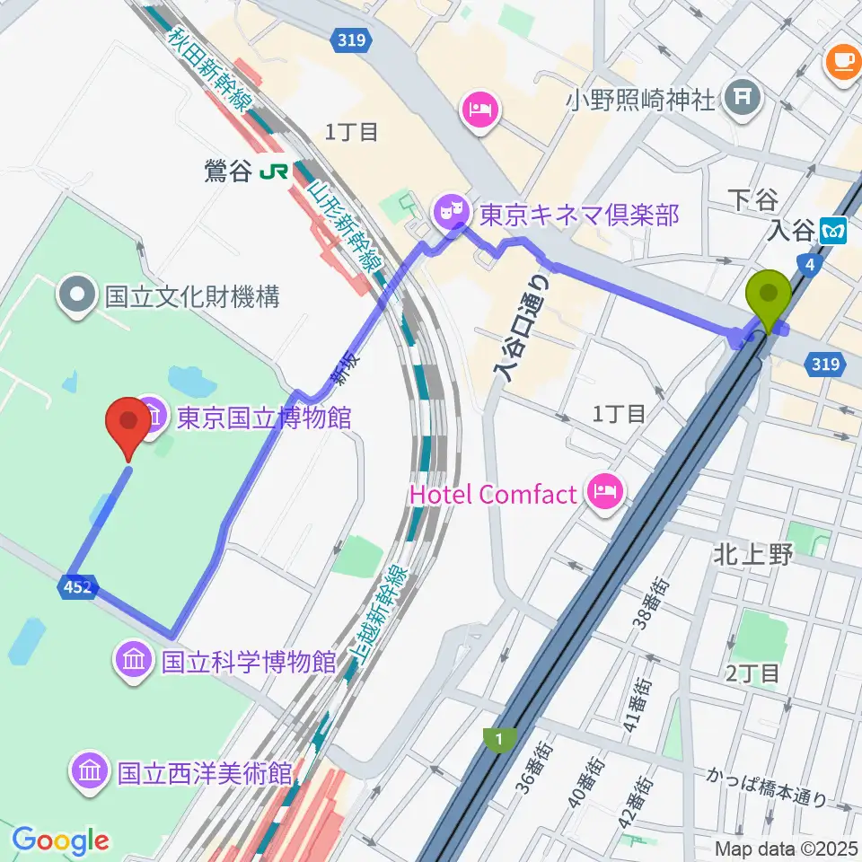 入谷駅から東京国立博物館・本館へのルートマップ地図
