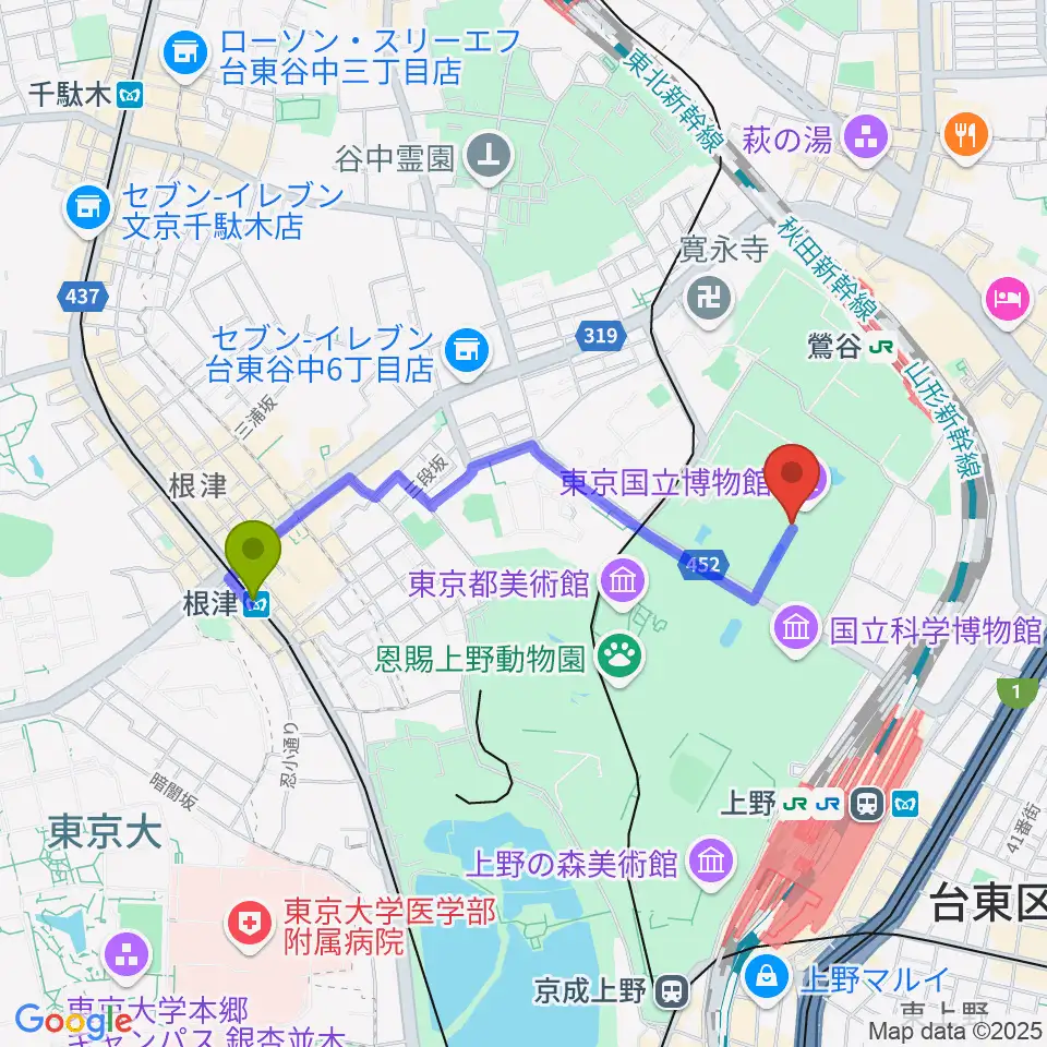 根津駅から東京国立博物館・本館へのルートマップ地図