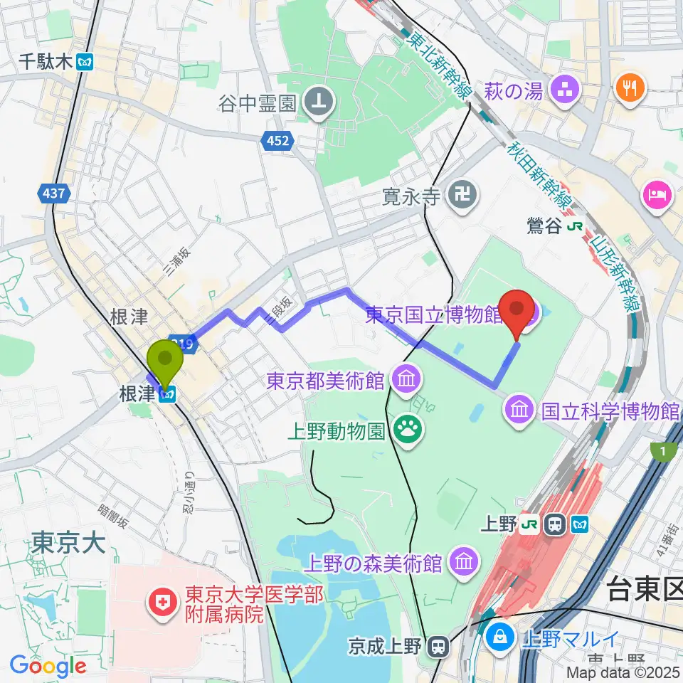 根津駅から東京国立博物館・本館へのルートマップ地図