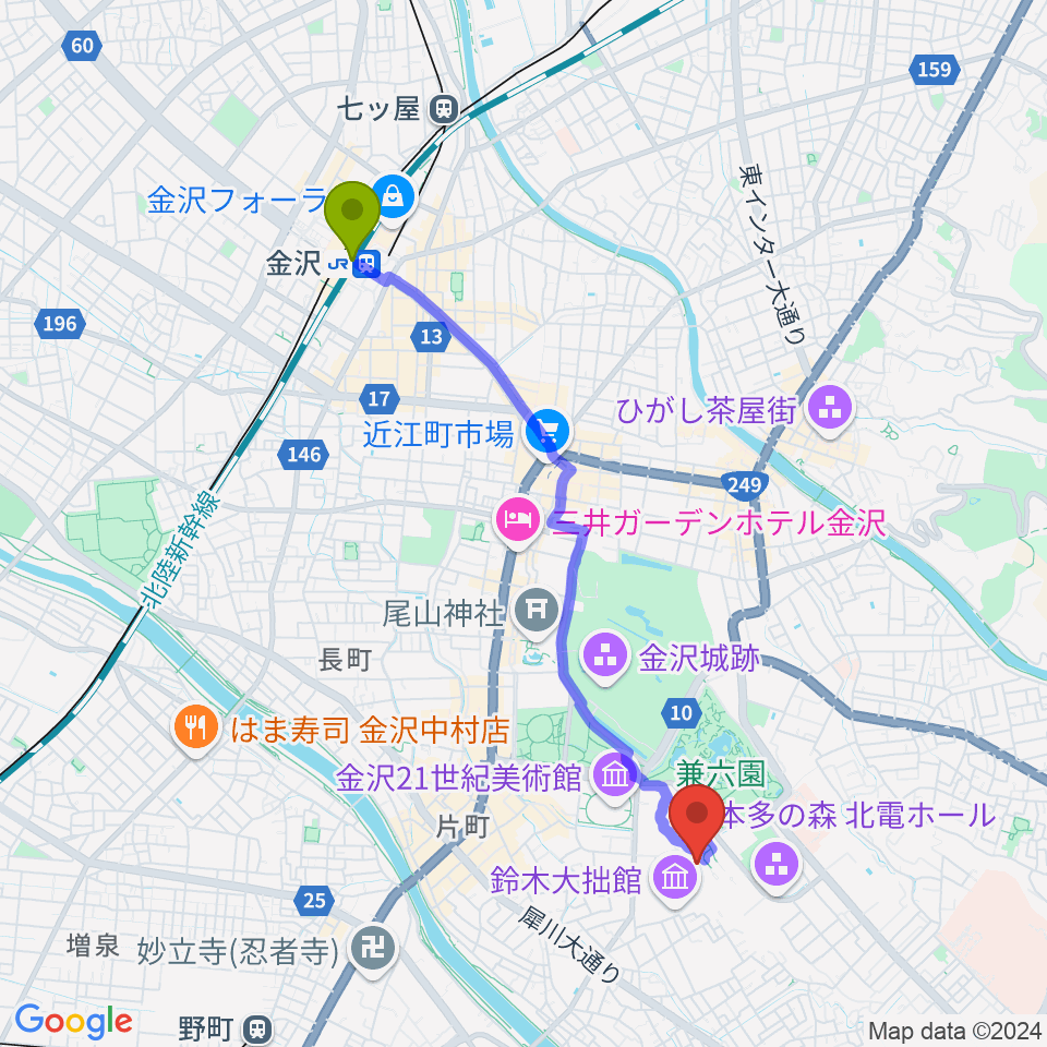 金沢駅から国立工芸館へのルートマップ地図