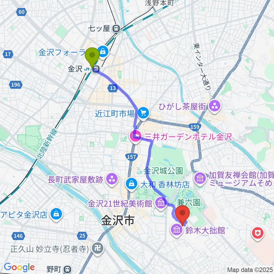 金沢駅から国立工芸館へのルートマップ地図