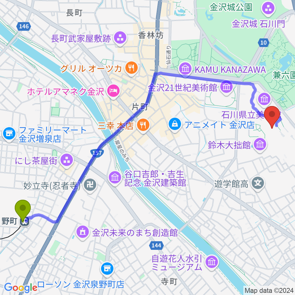 国立工芸館の最寄駅野町駅からの徒歩ルート（約28分）地図