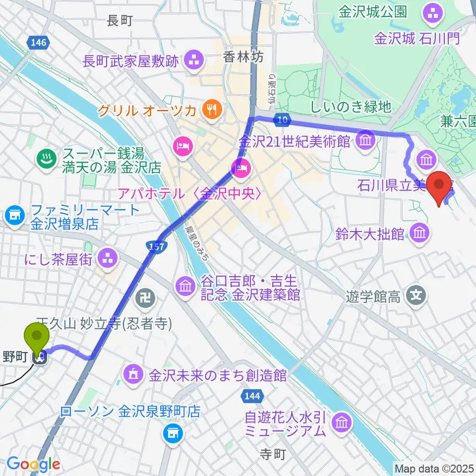 国立工芸館の最寄駅野町駅からの徒歩ルート（約28分）地図