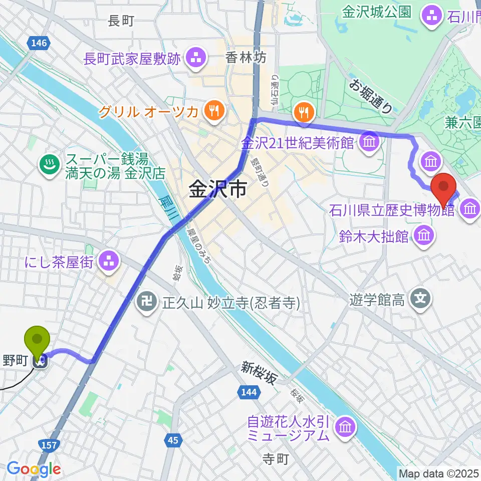 国立工芸館の最寄駅野町駅からの徒歩ルート（約28分）地図