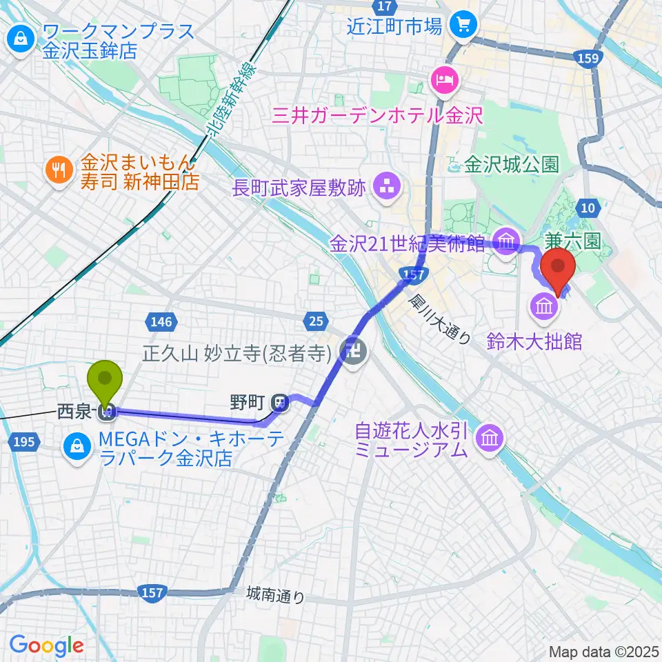 西泉駅から国立工芸館へのルートマップ地図