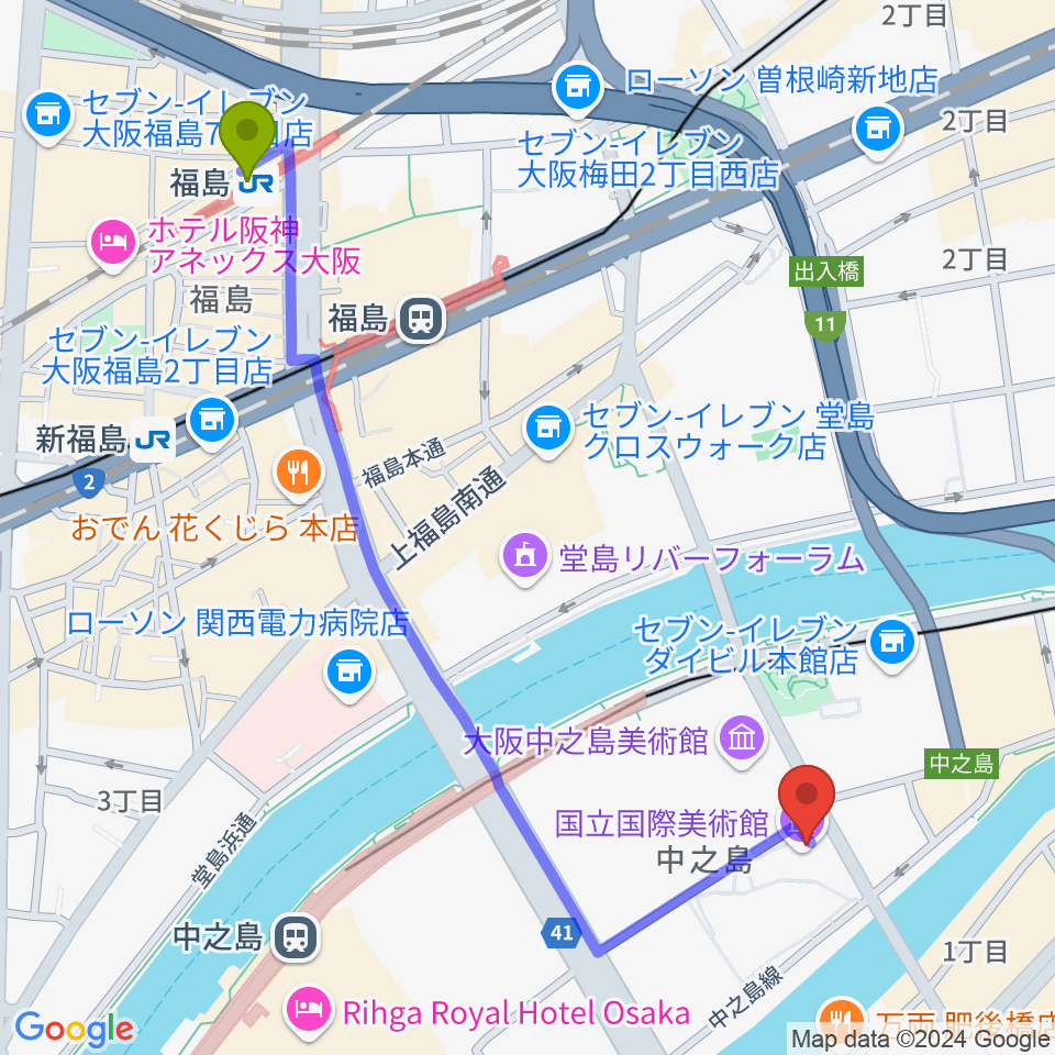 福島駅から国立国際美術館へのルートマップ地図