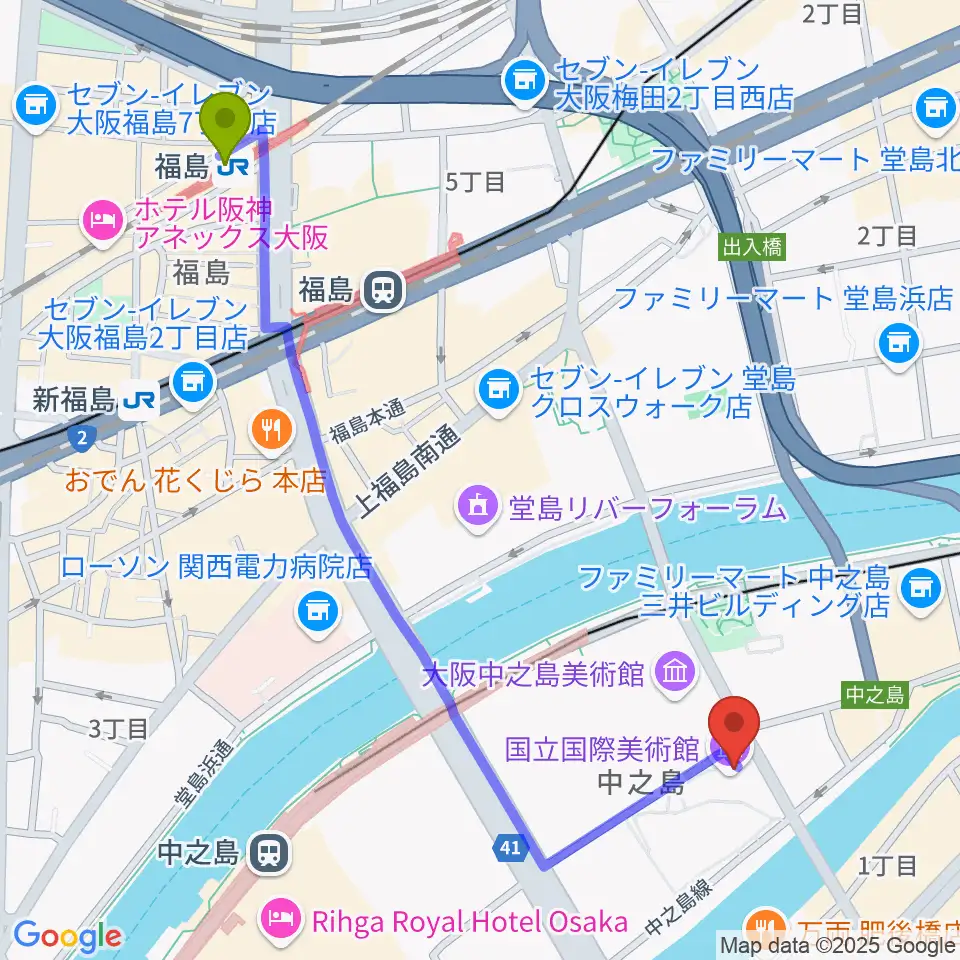 福島駅から国立国際美術館へのルートマップ地図