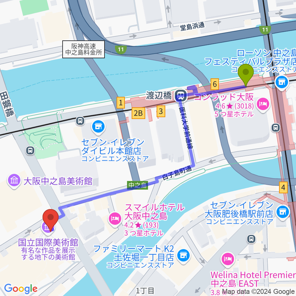 国立国際美術館の最寄駅渡辺橋駅からの徒歩ルート（約6分）地図