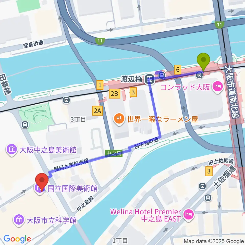 国立国際美術館の最寄駅渡辺橋駅からの徒歩ルート（約6分）地図