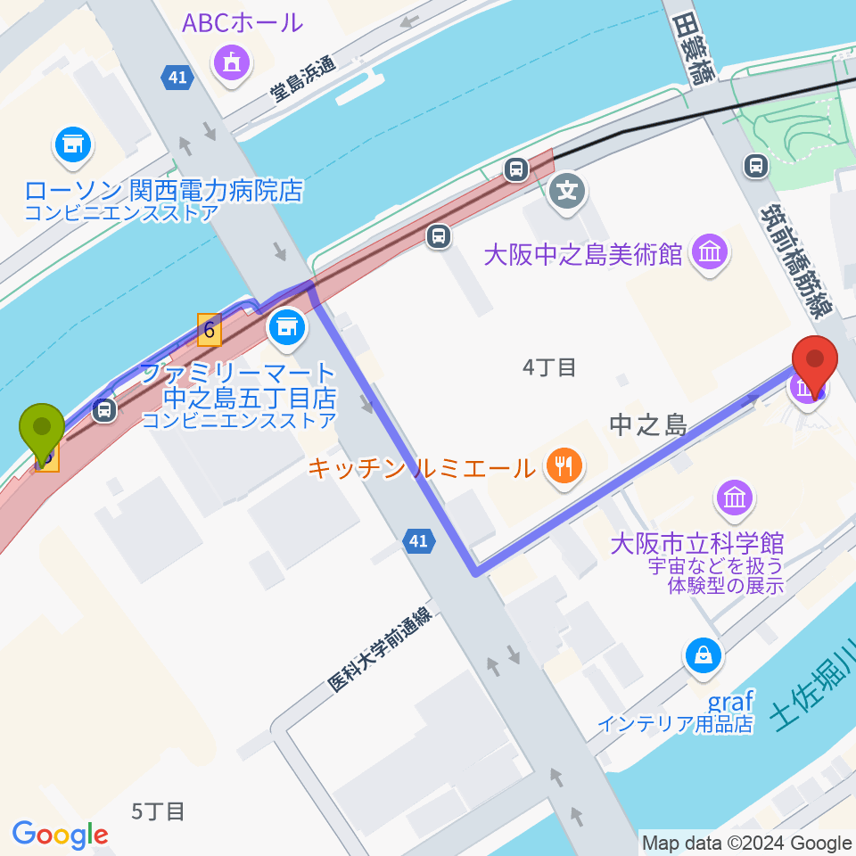 中之島駅から国立国際美術館へのルートマップ地図