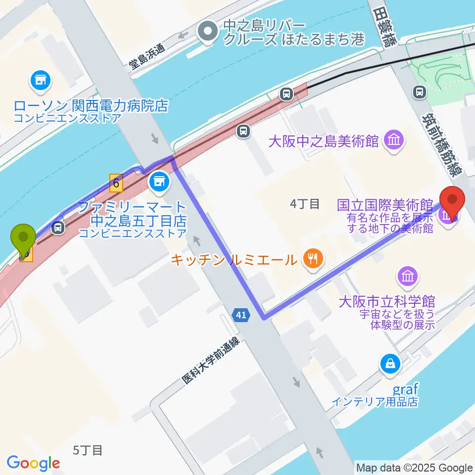 中之島駅から国立国際美術館へのルートマップ地図