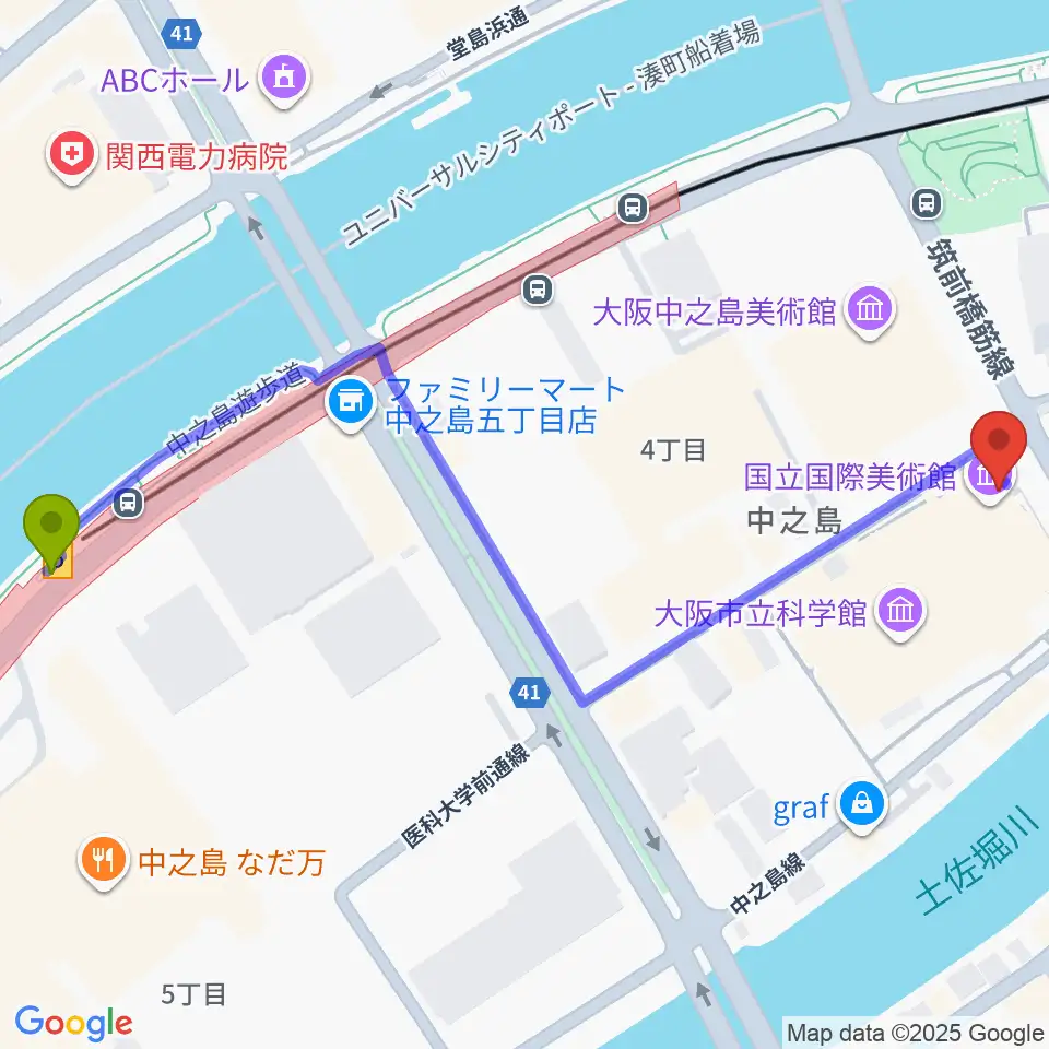 中之島駅から国立国際美術館へのルートマップ地図