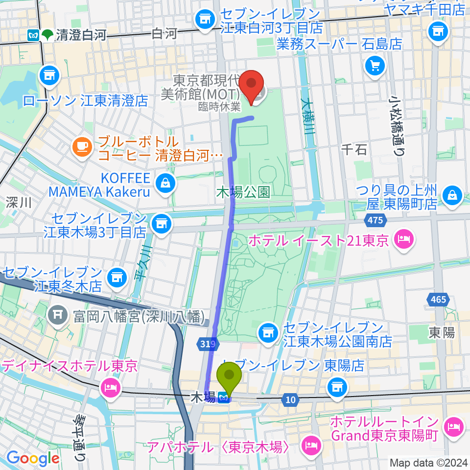 木場駅から東京都現代美術館（MOT）へのルートマップ地図