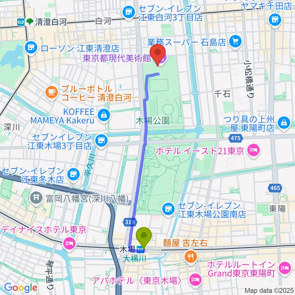 木場駅から東京都現代美術館（MOT）へのルートマップ地図