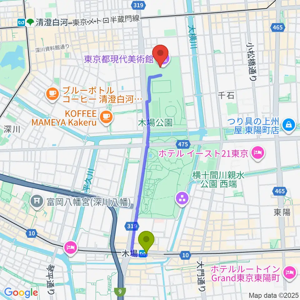 木場駅から東京都現代美術館（MOT）へのルートマップ地図