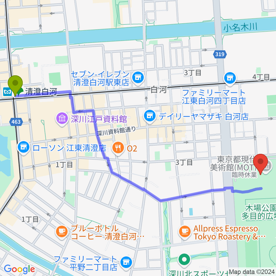 東京都現代美術館（MOT）の最寄駅清澄白河駅からの徒歩ルート（約14分）地図