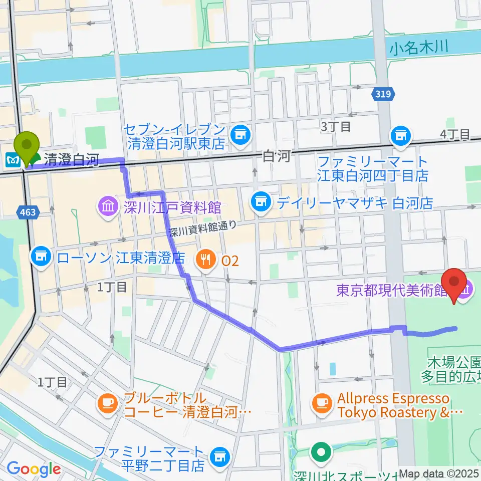 東京都現代美術館（MOT）の最寄駅清澄白河駅からの徒歩ルート（約14分）地図