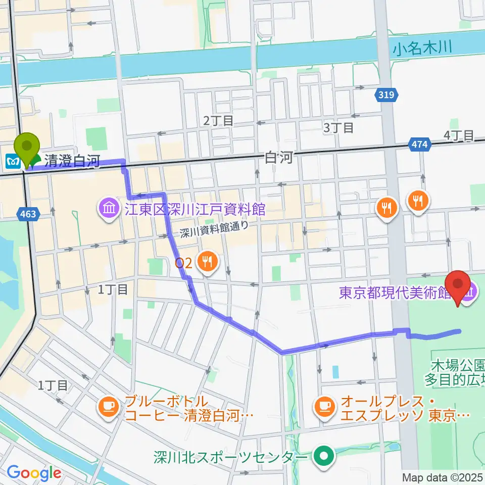 東京都現代美術館（MOT）の最寄駅清澄白河駅からの徒歩ルート（約14分）地図