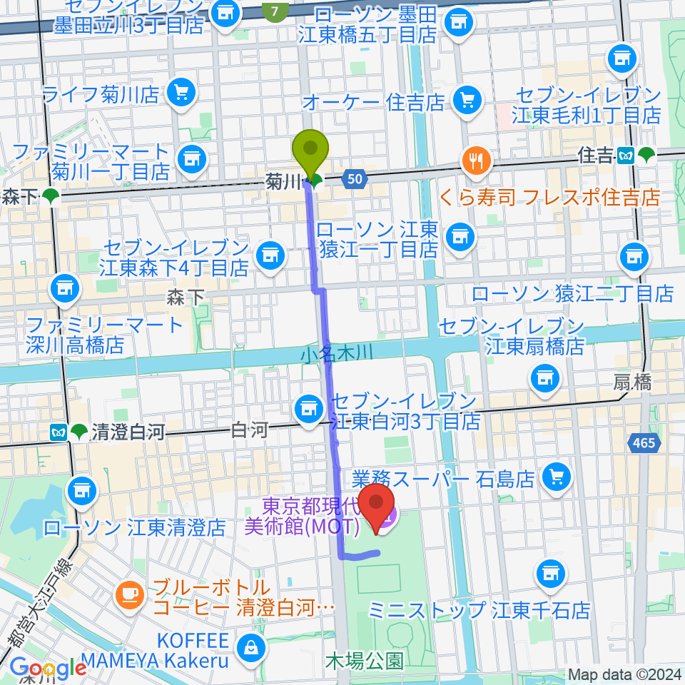 菊川駅から東京都現代美術館（MOT）へのルートマップ地図