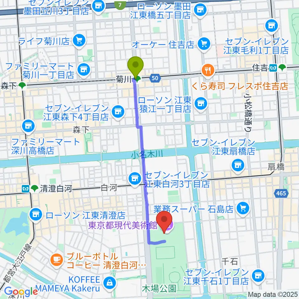 菊川駅から東京都現代美術館（MOT）へのルートマップ地図