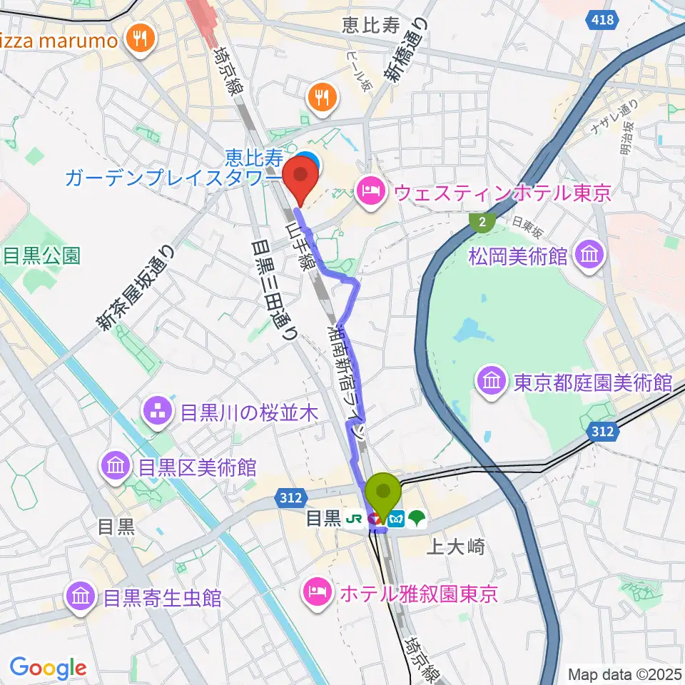 目黒駅から東京都写真美術館へのルートマップ地図