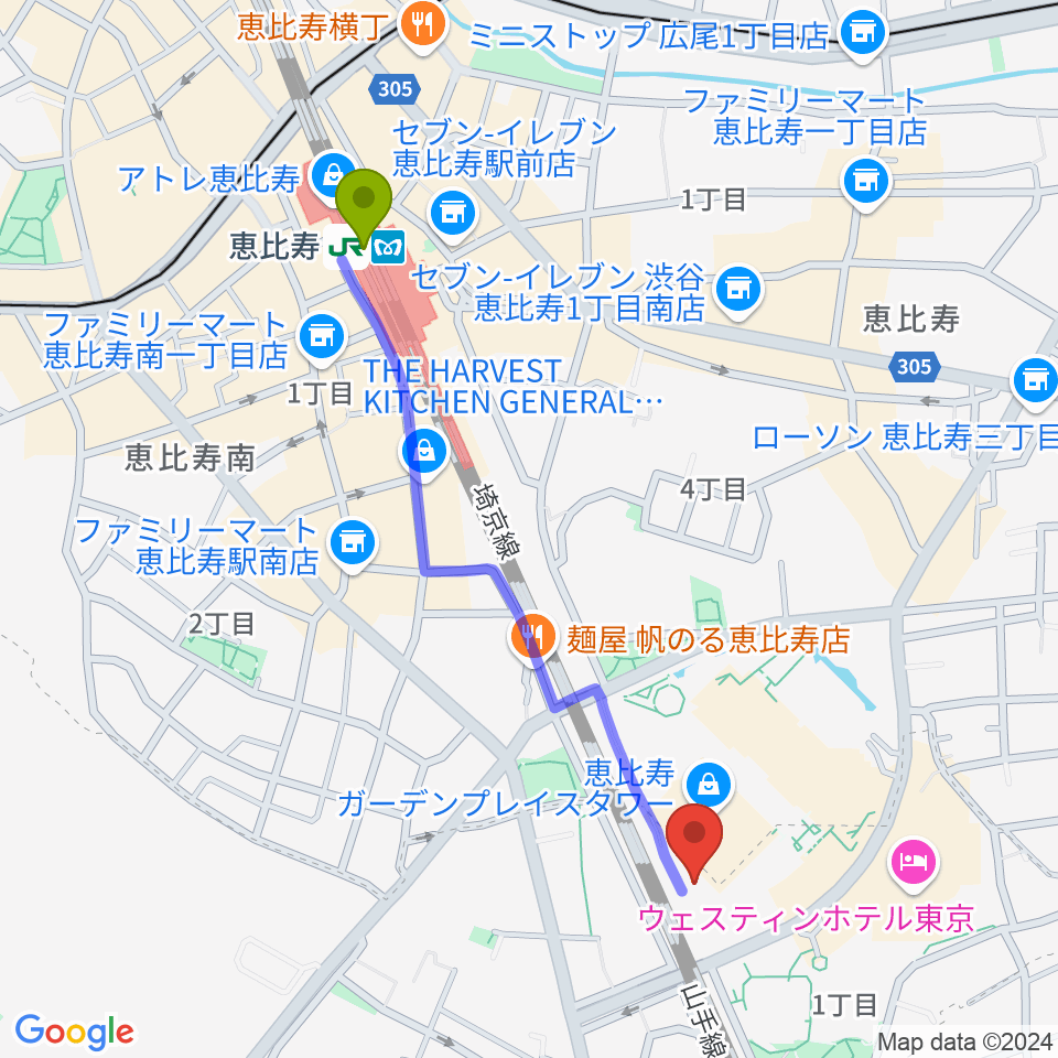 東京都写真美術館の最寄駅恵比寿駅からの徒歩ルート（約10分）地図