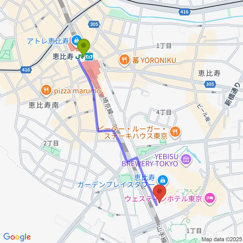 東京都写真美術館の最寄駅恵比寿駅からの徒歩ルート（約10分）地図