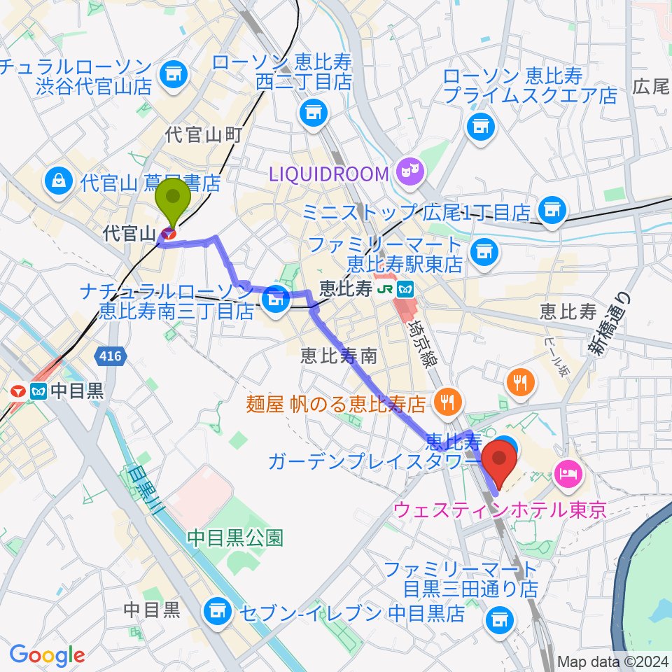 代官山駅から東京都写真美術館へのルートマップ地図