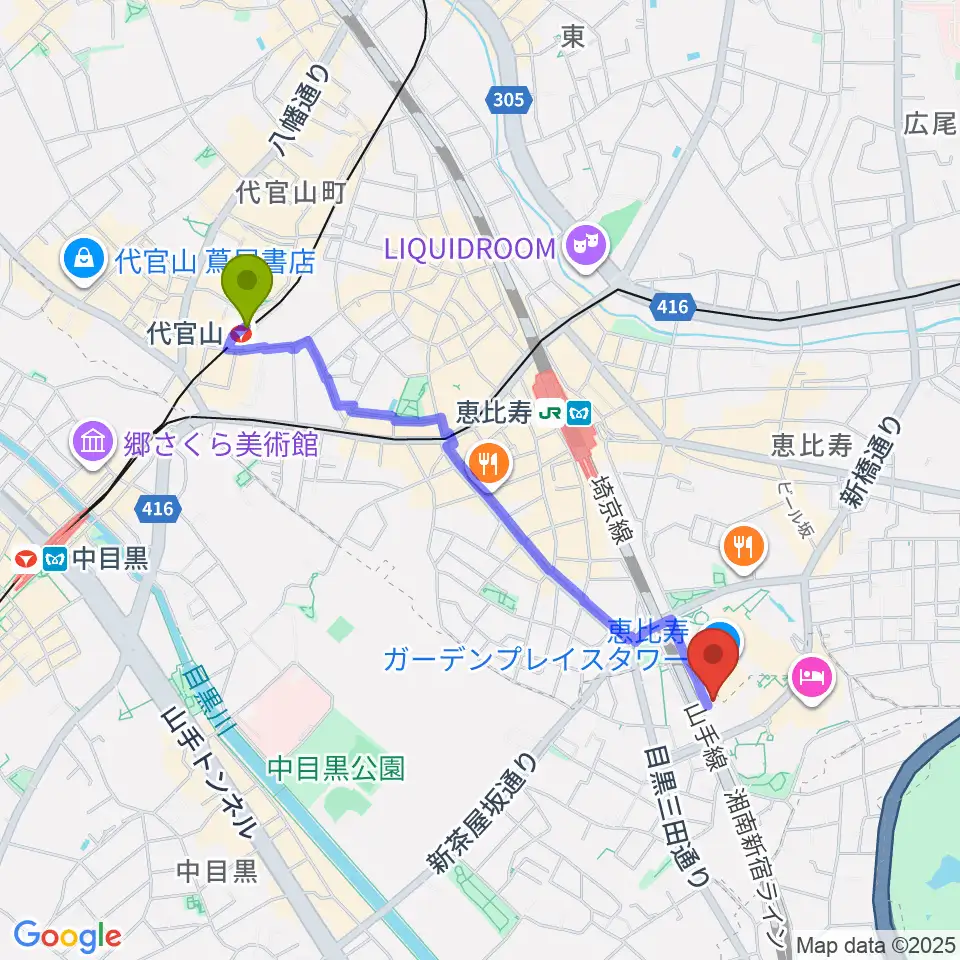 代官山駅から東京都写真美術館へのルートマップ地図