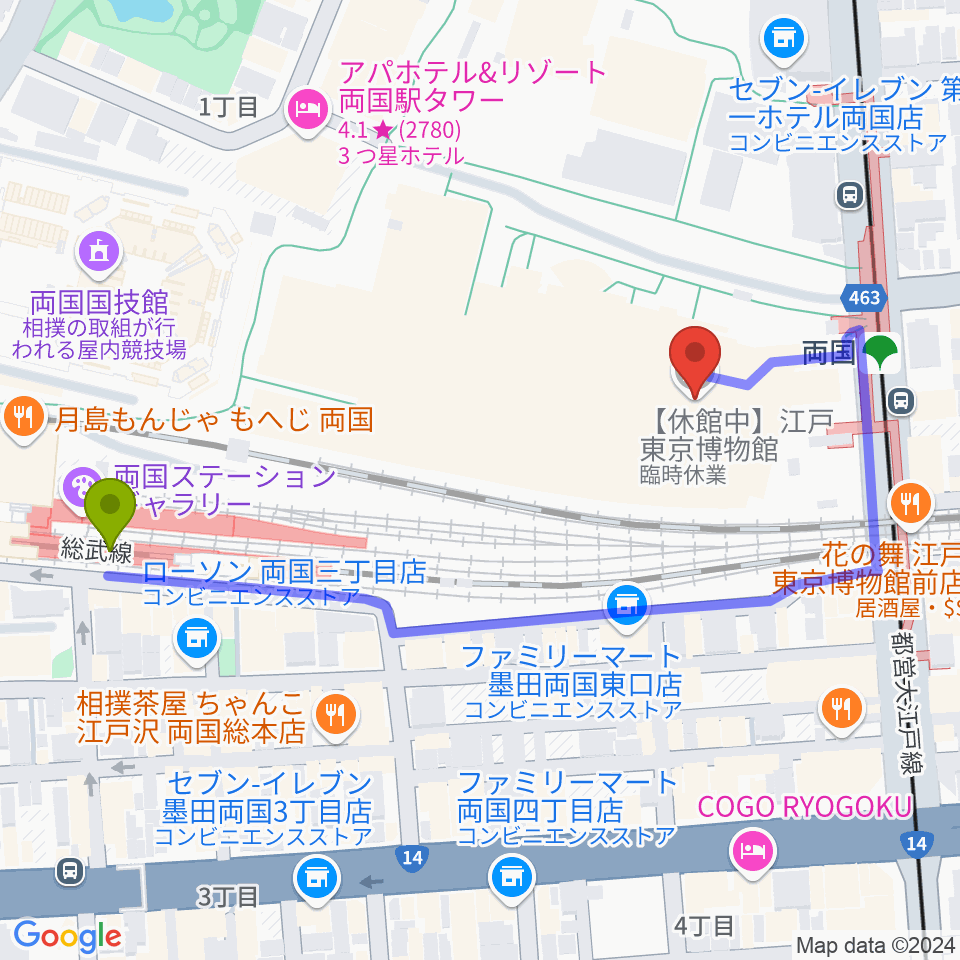 江戸東京博物館の最寄駅両国駅からの徒歩ルート（約5分）地図