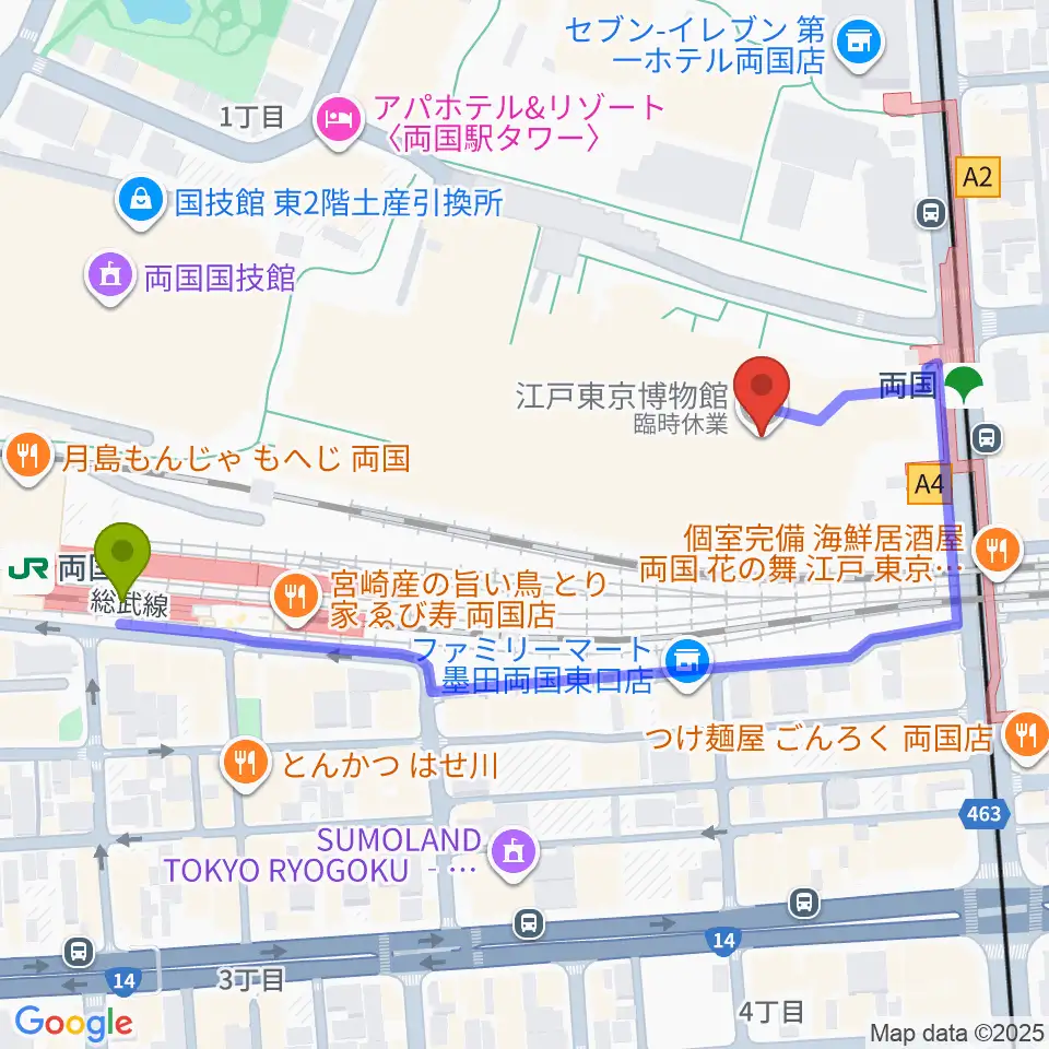 江戸東京博物館の最寄駅両国駅からの徒歩ルート（約5分）地図
