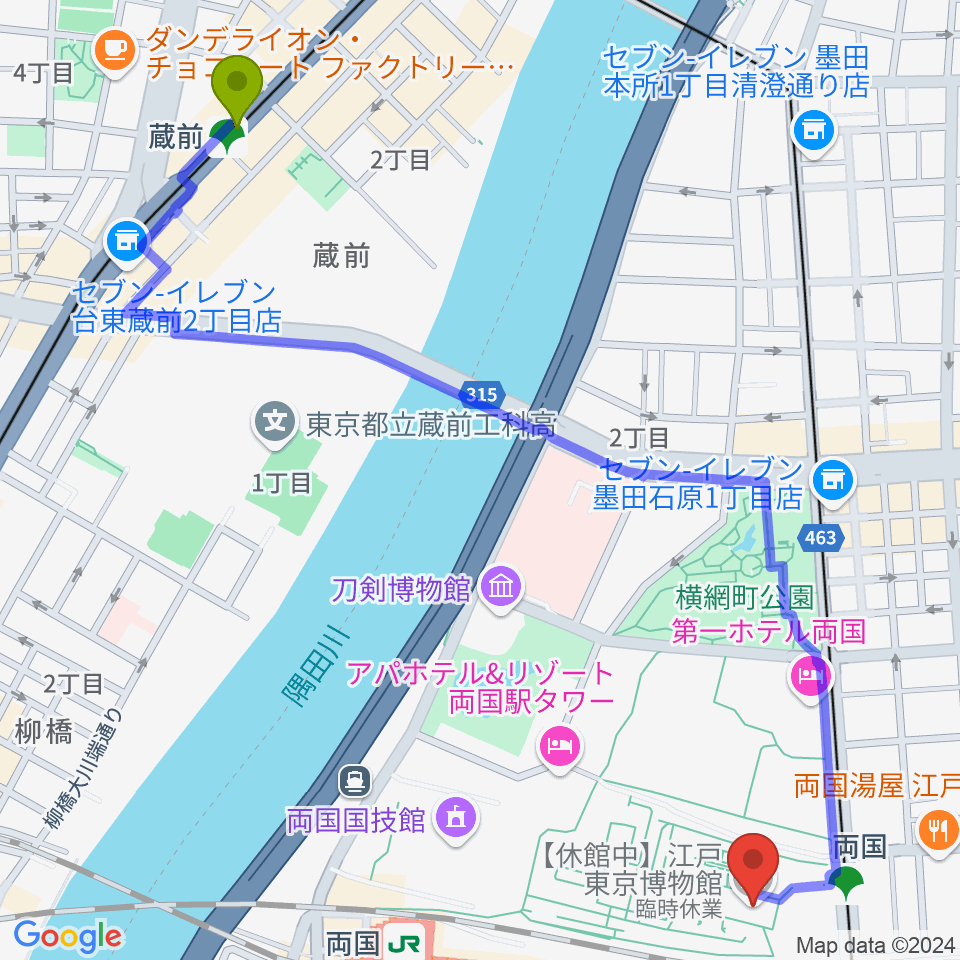 蔵前駅から江戸東京博物館へのルートマップ地図