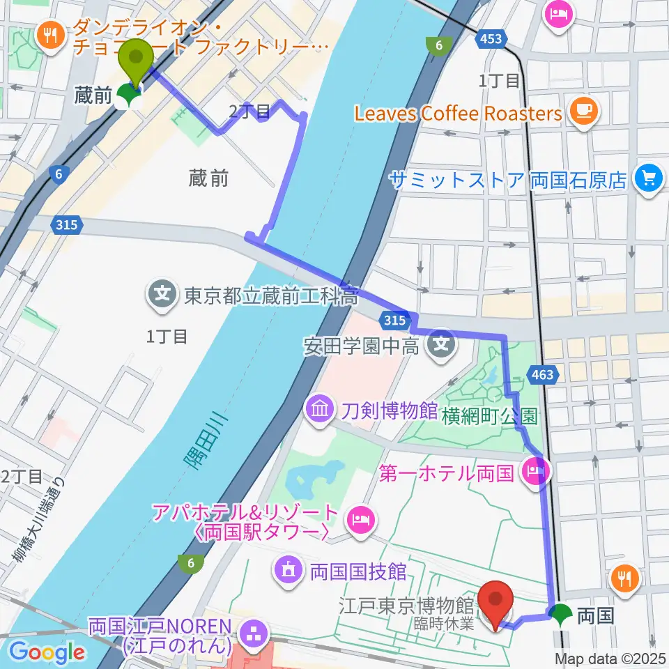 蔵前駅から江戸東京博物館へのルートマップ地図