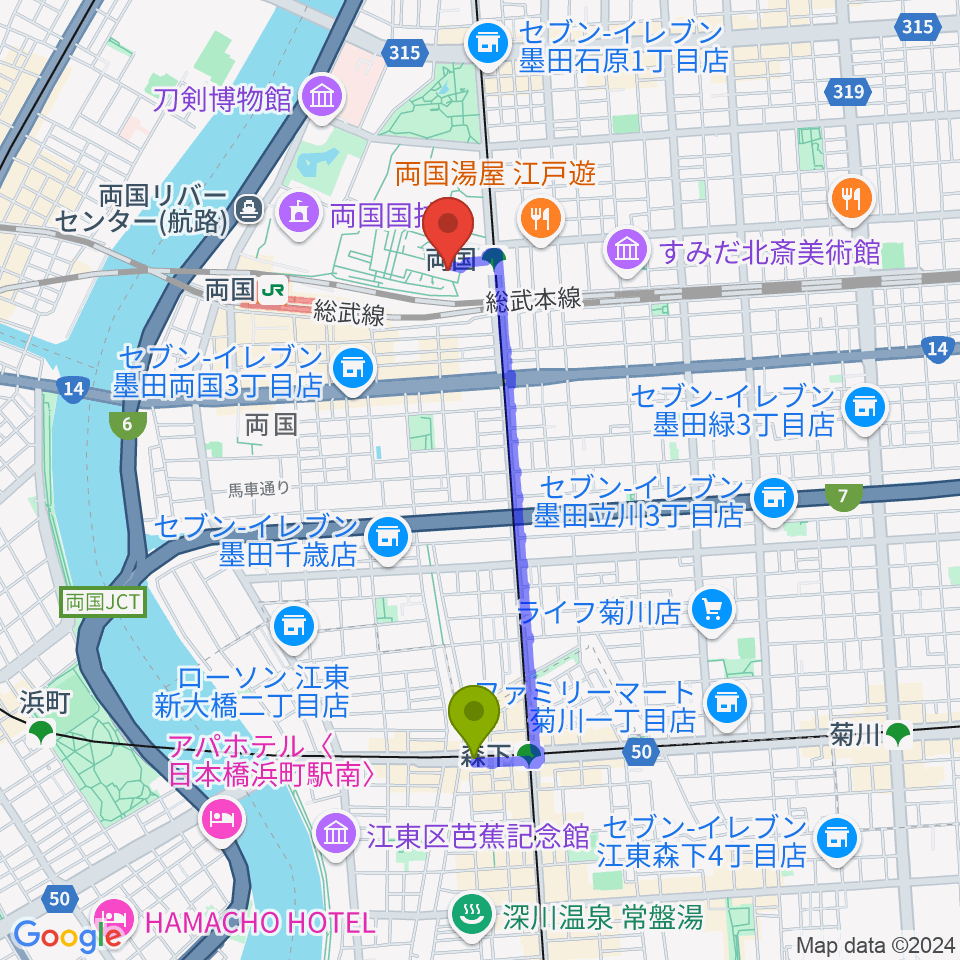 森下駅から江戸東京博物館へのルートマップ地図