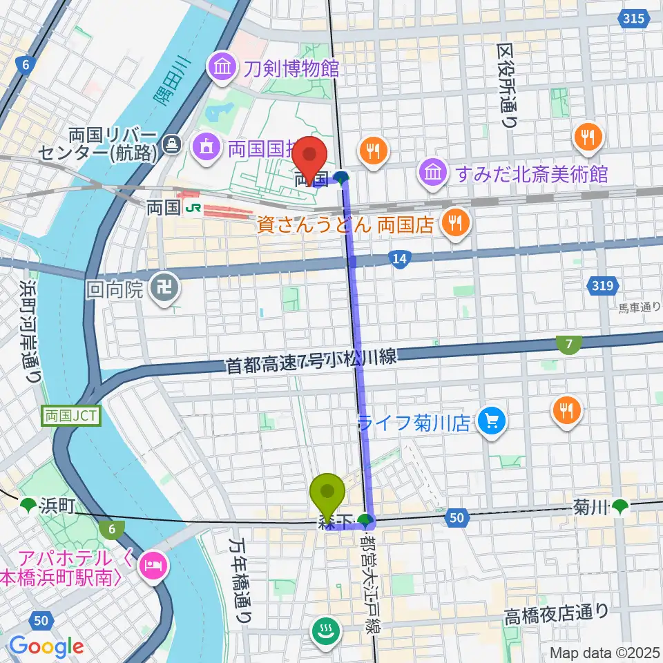 森下駅から江戸東京博物館へのルートマップ地図