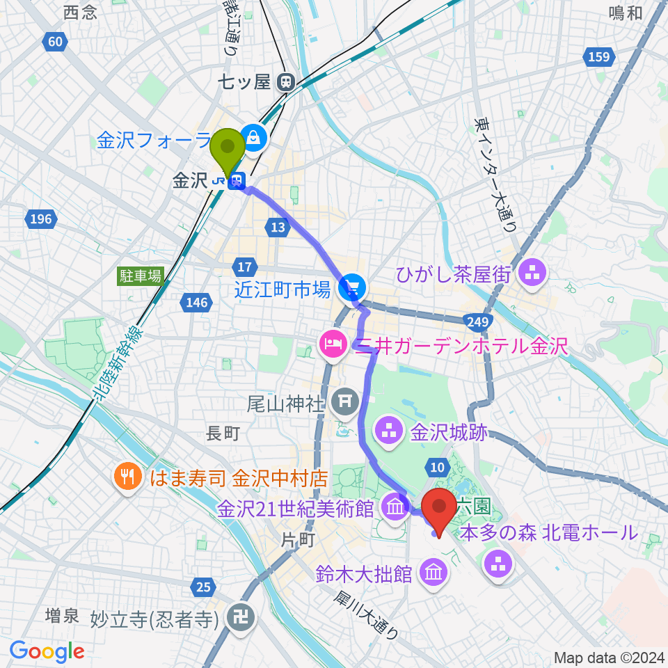 金沢駅から石川県立美術館へのルートマップ地図