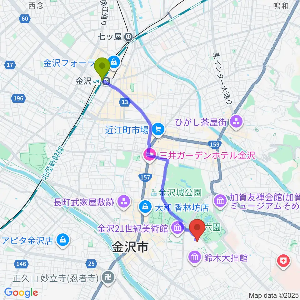 金沢駅から石川県立美術館へのルートマップ地図