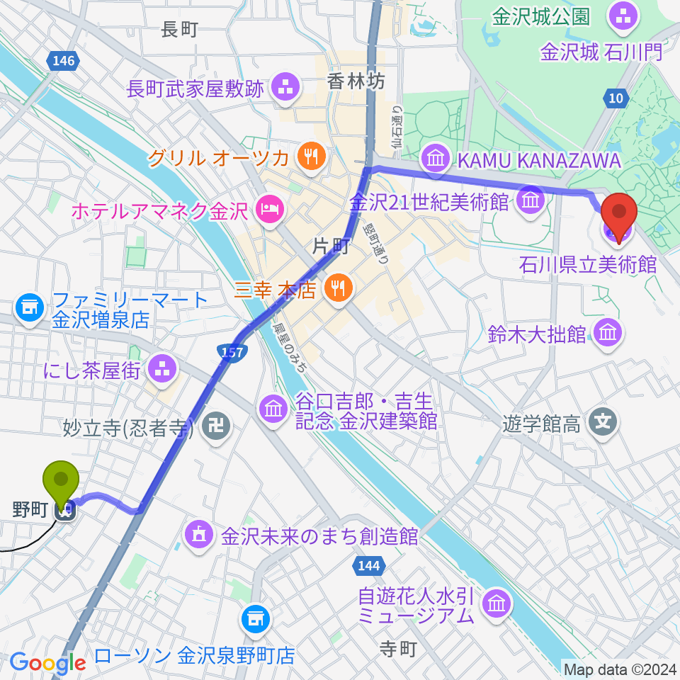 石川県立美術館の最寄駅野町駅からの徒歩ルート（約28分）地図