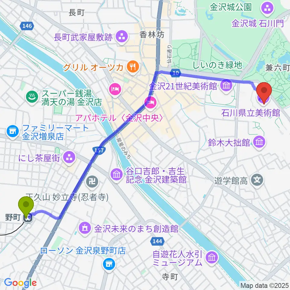 石川県立美術館の最寄駅野町駅からの徒歩ルート（約28分）地図