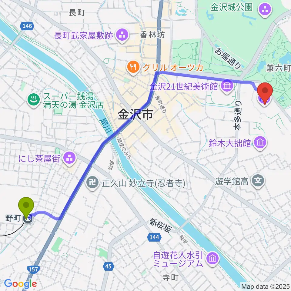 石川県立美術館の最寄駅野町駅からの徒歩ルート（約28分）地図