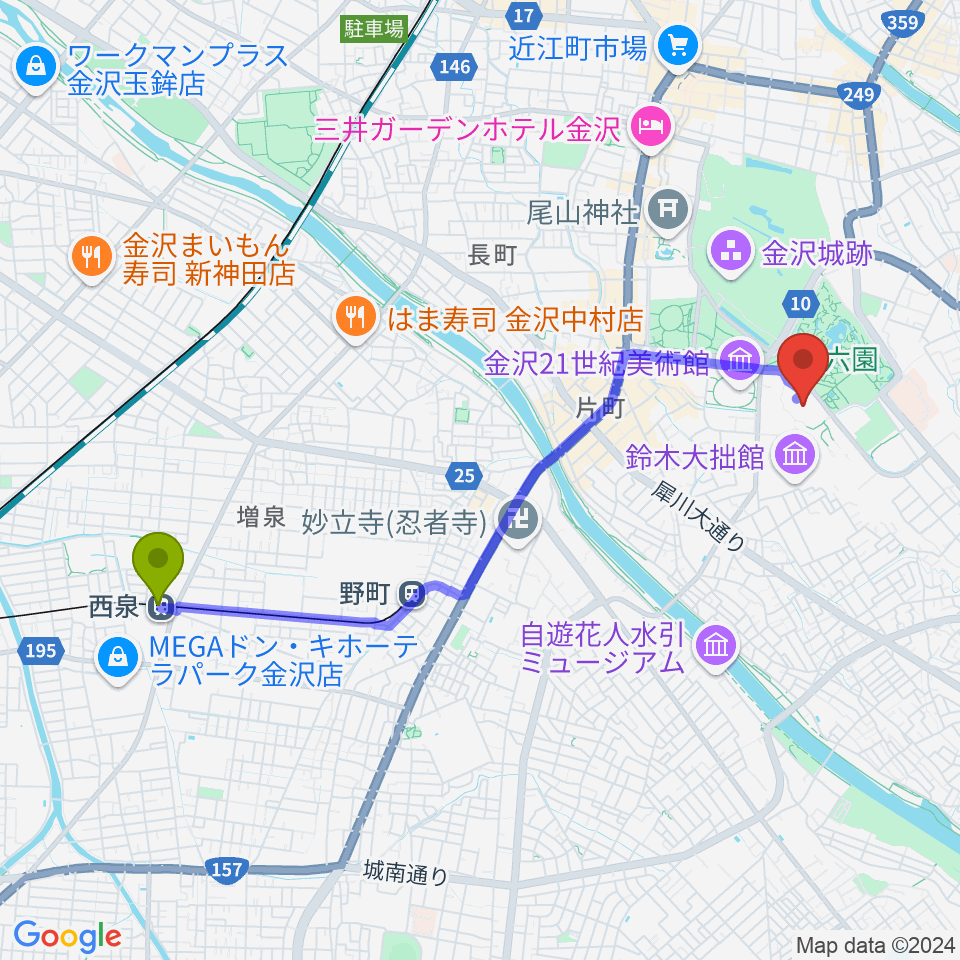 西泉駅から石川県立美術館へのルートマップ地図