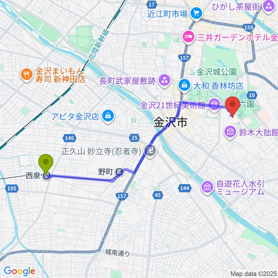 西泉駅から石川県立美術館へのルートマップ地図