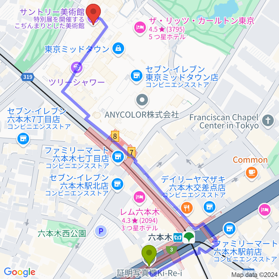 六本木駅からサントリー美術館へのルートマップ地図