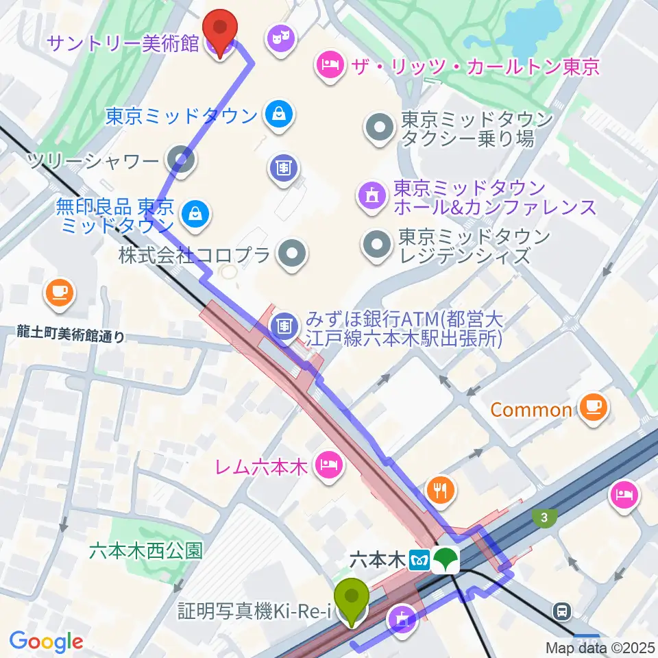 六本木駅からサントリー美術館へのルートマップ地図